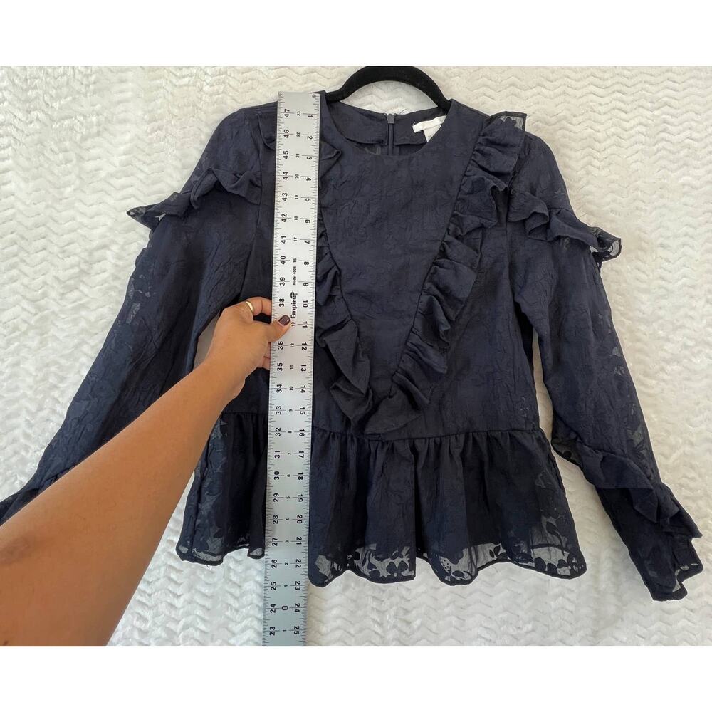 H&M Navy Blue Sheer Floral Ruffle Peplum Long Sleeve Shirt Top Womens Sz 4 - Picture 8 of 11